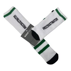 Sock Talk PROCRASTINATOR White Green Stripes Crew Socks Shoe Size 7-12 NWT